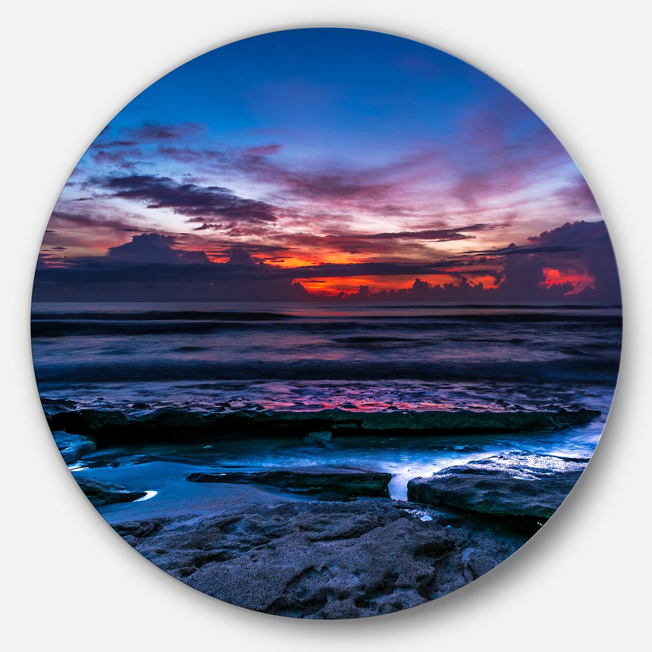 Designart - Exotic Dark Blue Coquina Dawn' Beach Photo Metal Circle Wall Art